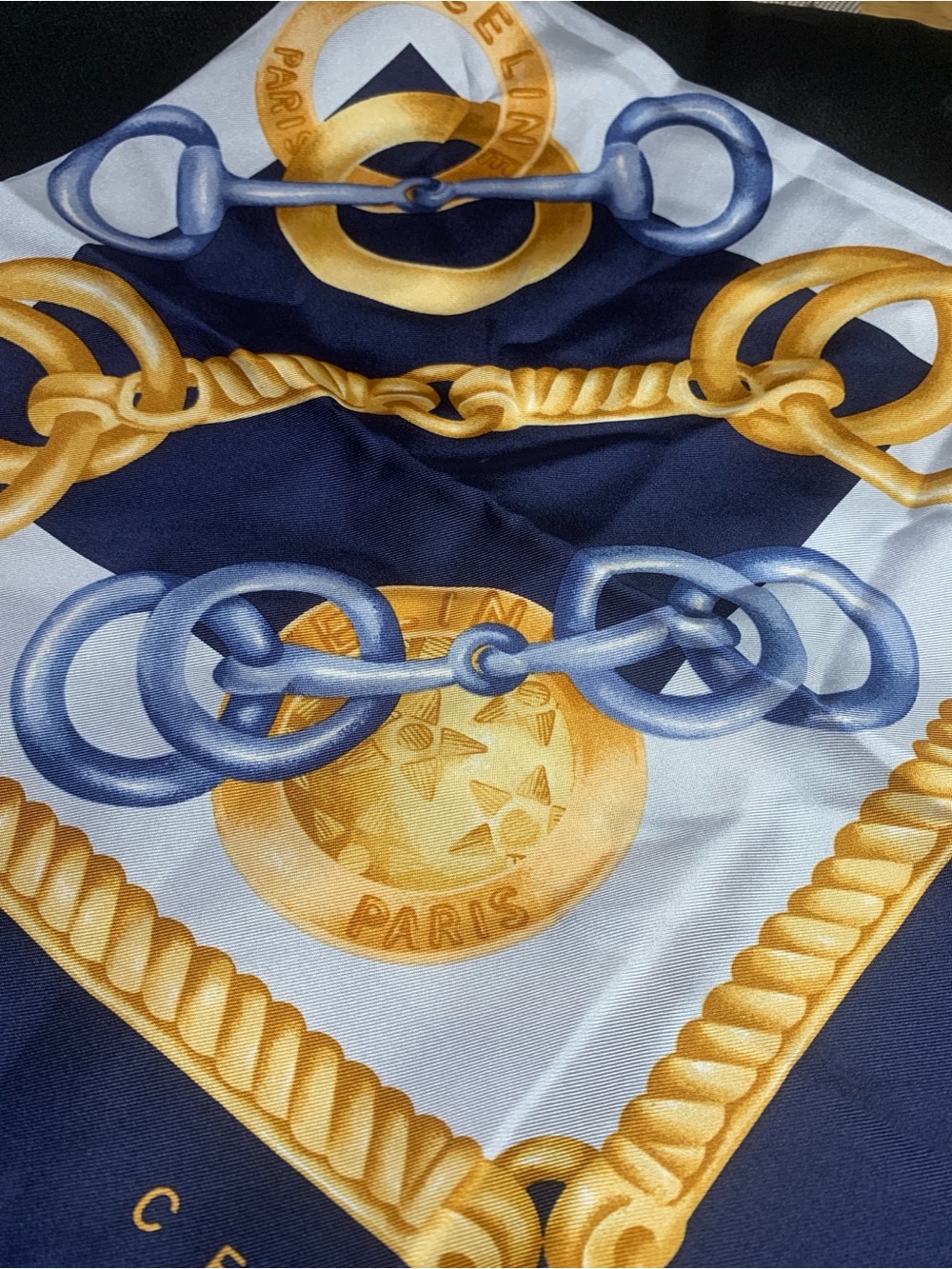 Celine Navy Blue & Gold Chain Print Silk Scarf